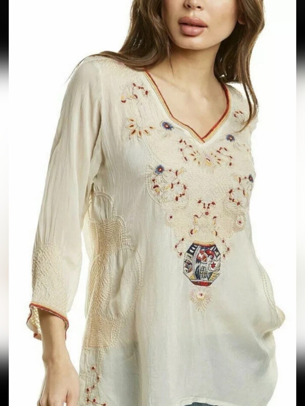 Johnny Was Peyton Cream Embroidered V-Neck Tunic